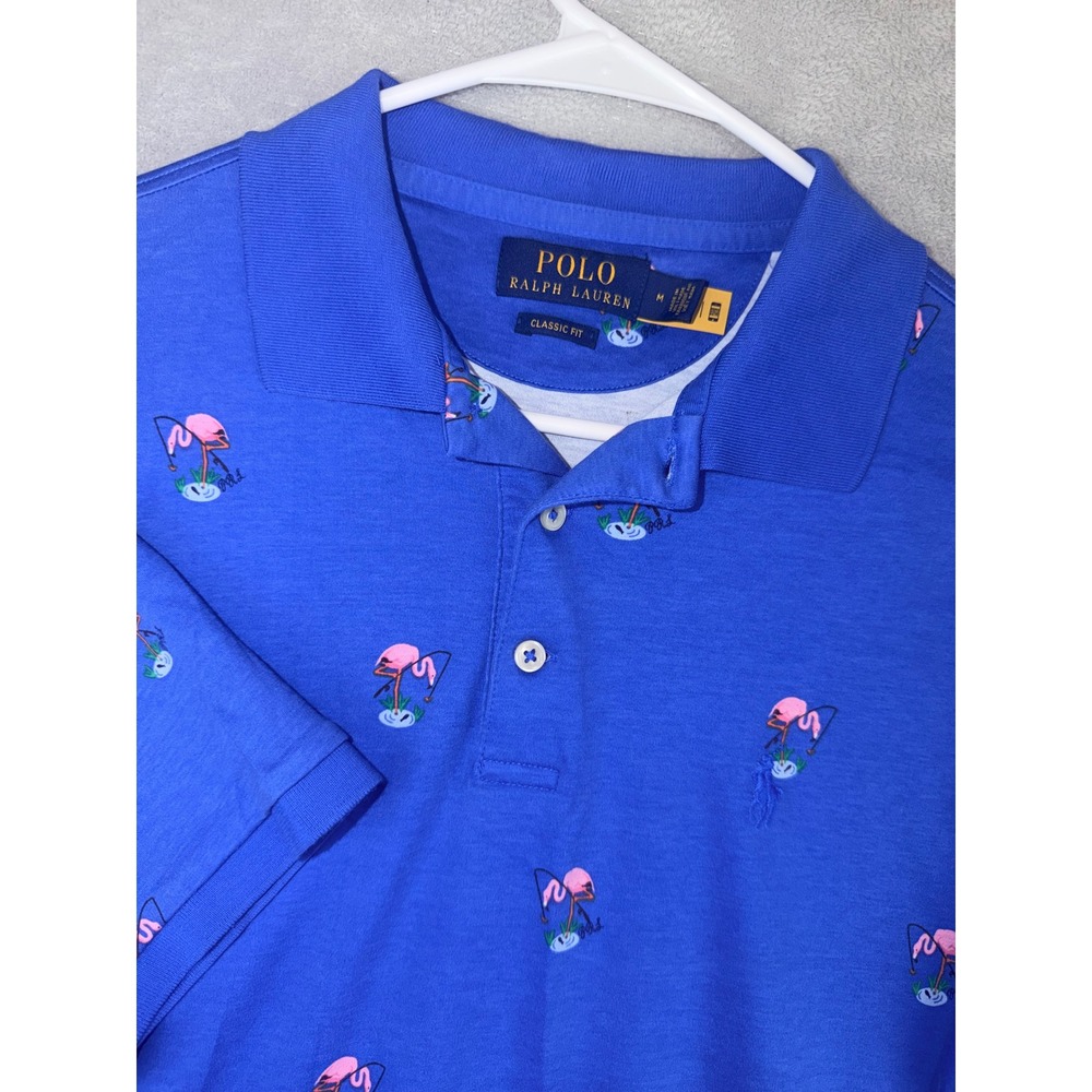 Polo Ralph Lauren Mens Medium Blue Fishing Flamingo Classic Fit Polo Shirt